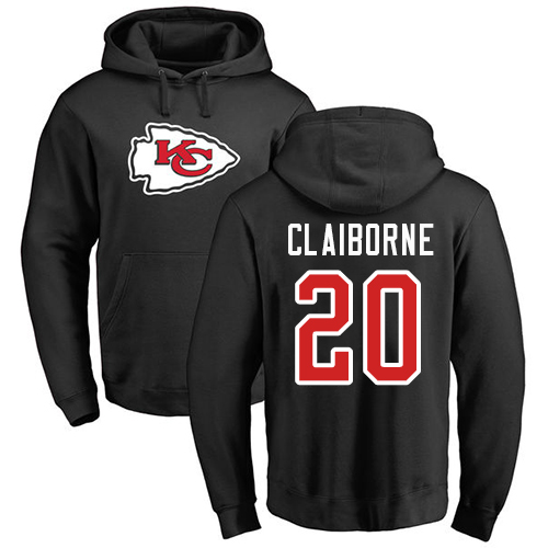 Men Kansas City Chiefs 20 Claiborne Morris Black Name and Number Logo Pullover Hoodie